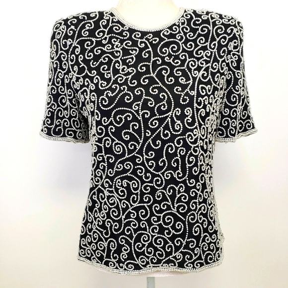 Laurence Kazar Tops - Vintage Laurence Kazar Pearl Beaded Black Top EUC